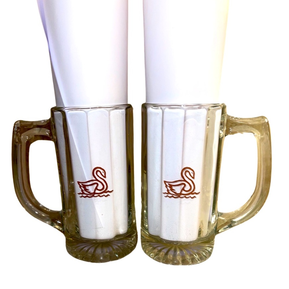 Vintage Australian SWAN Lager Beer Mugs with Handle: Set of 2 Heavy Glasses